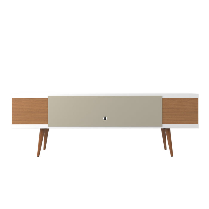 Meuble pour téléviseur Utopia de Manhattan Comfort de 70,47 po avec pattes évasées en bois et 4 tablettes - blanc lustré et crème d'érable