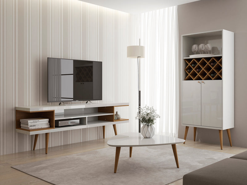 Meuble pour téléviseur Utopia de Manhattan Comfort de 70,47 po avec pattes évasées en bois et 4 tablettes - blanc lustré et crème d'érable