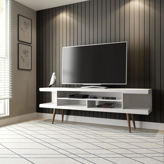 Meuble pour téléviseur Utopia de Manhattan Comfort de 70,47 po avec pattes évasées en bois et 4 tablettes - blanc