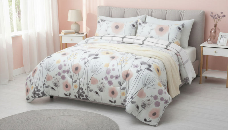 Ensemble Douillette Simple Mirabelle - Literie Reversible a Fleurs Aquarelle Rose et Gris 