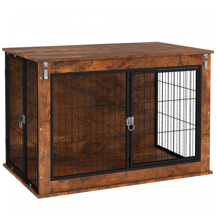 Pawhut Meuble De Niche Pour Chien De 39\" Avec Ouverture Superieure Rabattable, 2 Portes, Table D'appoint Pour Cage D'interieur Pour Grands Chiens, Marron Rustique