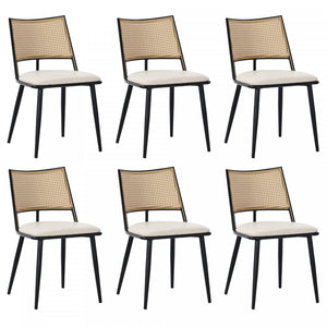 Chaises de salle a manger modernes Oliver avec assise rembourree en PU et dossier en rotin PE, lot de 6, noir