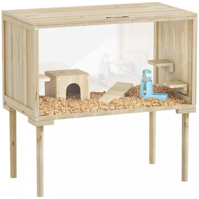 Pawhut Large Hamster Cage, 28"length Wooden Hamster Cage For Syrian, Dwarf, Gerbil, Hamster Habitat With Seesaw, Water Bottle, Food Dish, Hut, Transparent Panel For Easy Observe