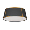 Plafonnier affleuré Trapezoid de Dainolite avec abat-jour cylindrique effilé doré et noir qui diffuse la lumière, tissu blanc et 4 ampoules