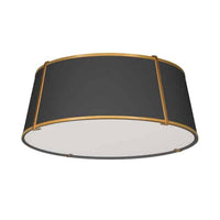 Plafonnier affleuré Trapezoid de Dainolite avec abat-jour cylindrique effilé doré et noir qui diffuse la lumière, tissu blanc et 4 ampoules