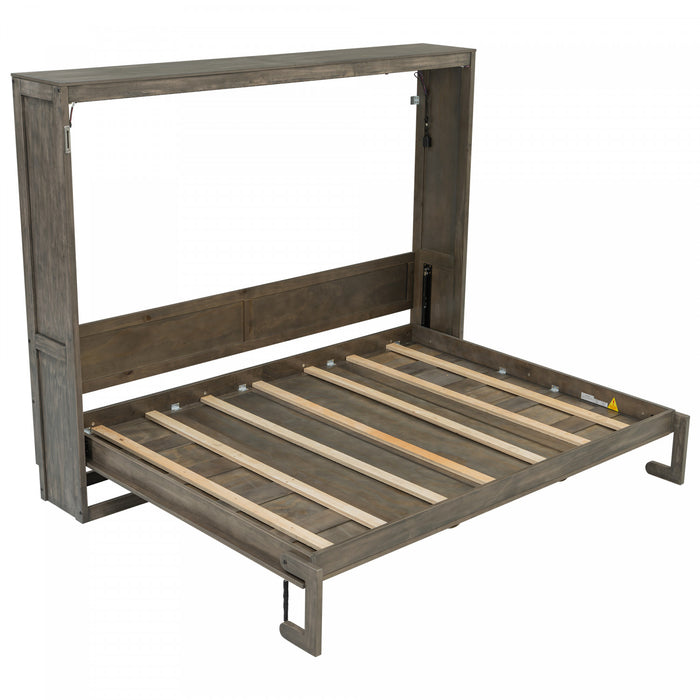 Lit escamotable Olivia en bois massif avec lumiere LED et armoire pliante, taille full, marron