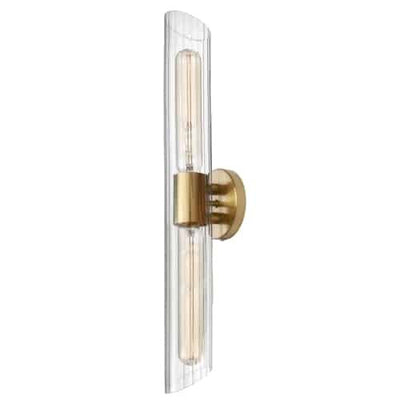 Dainolite Samantha 2 Light Vanity Light Tall Aged Brass Clear Fluted Glass Lamp|Grande lumière de coiffeuse Samantha de Dainolite en verre cannelé transparent, avec fini laiton vieilli et 2 ampoules