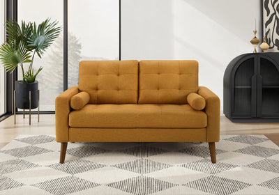 Upholstered Love Seat, 58" L, Orange Fabric, Walnut Wood Legs, Mid-Century Loveseat | Causeuse Rembourre, 58" L, Salon, Tissu Orange, Pieds En Bois De Noyer, Mid Century
