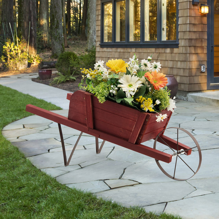 Chariot De Fleur Rustique Interieur/exterieur Decoratif De Planteur De Wagon En Bois Costway Avec Roue Rouge