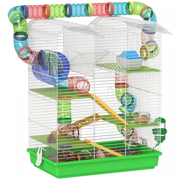 Cage Pour Hamster Pawhut De 47 Cm, Niche A 5 Niveaux Pour Petits Animaux Avec Systeme De Tunnel, Roue D'exercice, Bouteille D'eau, Bol, Rampe, Vert