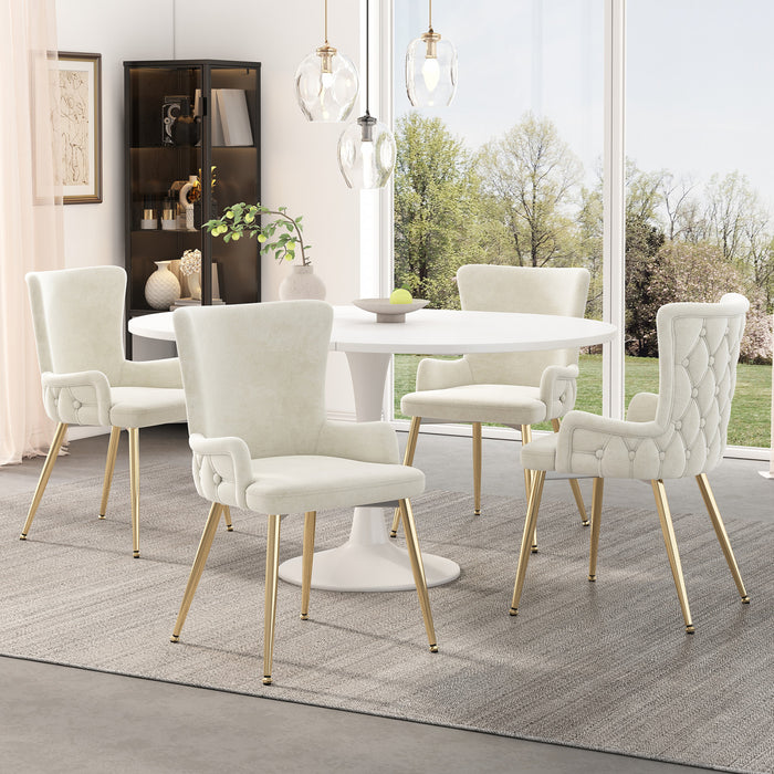 Chaises de salle a manger Luna en velours avec revetement capitonne et pieds metalliques dores, lot de 4, beige