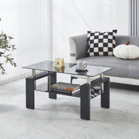 Table basse moderne Lucius au design geometrique en verre trempe avec cadre en metal et verre transparent, noir