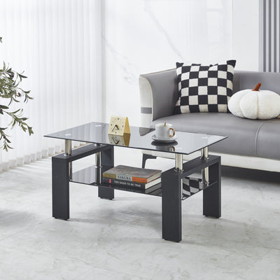 Lucius Modern Geometric Design Tempered Glass Coffee Tablewith Metal Frame and Clear Glass,Black  | Table basse moderne Lucius au design geometrique en verre trempe avec cadre en metal et verre transparent, noir