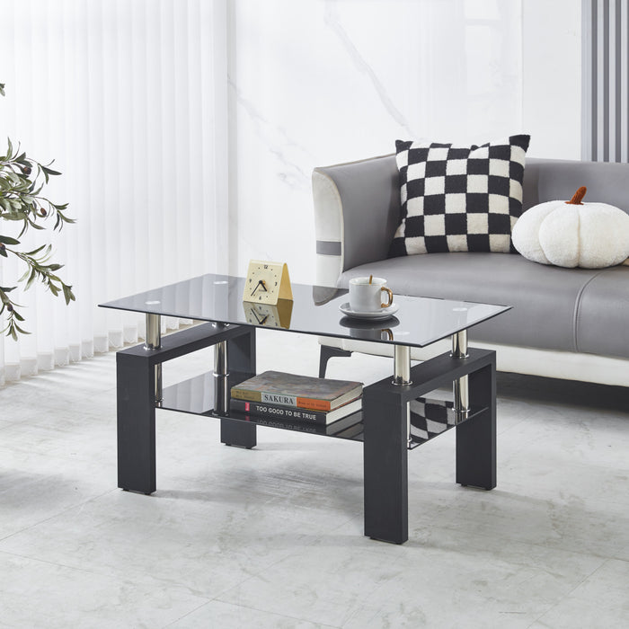 Table basse moderne Lucius au design geometrique en verre trempe avec cadre en metal et verre transparent, noir
