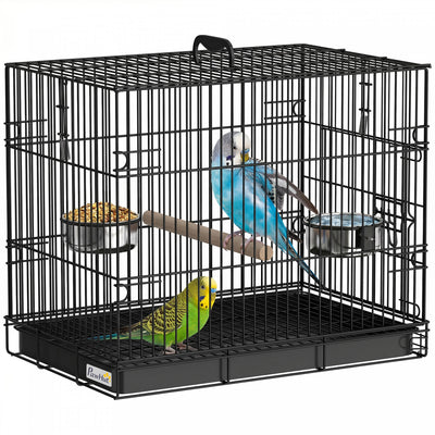 PawHut Foldable Bird Cage, Metal Bird Travel Carrier Cage with Wood Perch, Food Bowls, Slide-Out Tray and Handle for Canaries, Finches, Lovebirds, Parakeets, Black