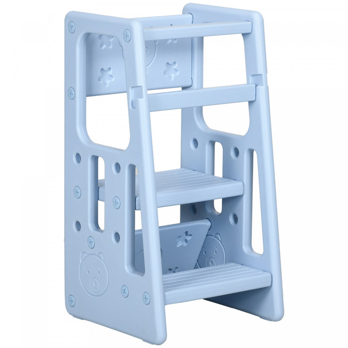 Qaba Tabouret A 2 Marches Toddler Kitchen Helper Avec Plateforme A Hauteur Reglable Et Rail De Securite, Bleu Clair