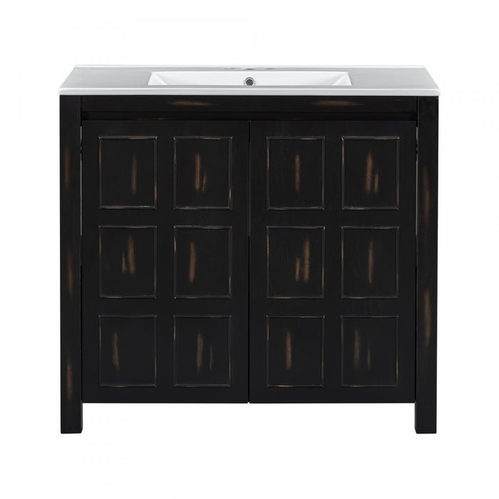Meuble De Salle De Bain Laura 36\" En Bois Massif Avec Lavabo En Ceramique, Espresso