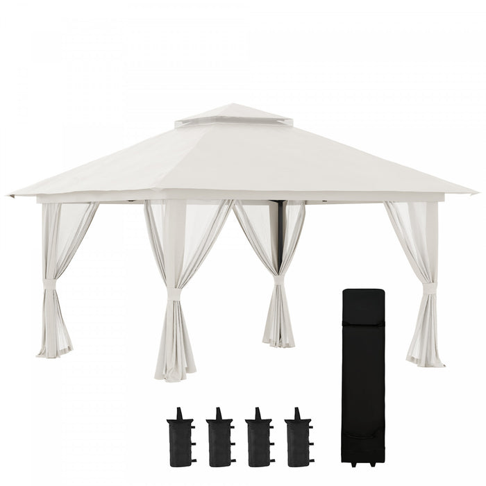 Outsunny 13' X 13' Pop Up Canopy Avec Parois Laterales En Maille, Abri De Tente A Canopy Facile Avec Toit A 2 Niveaux, Sac De Transport A Roues, Sac D’eau/sable Pour Le Jardin, Patio, Pelouse, Creme