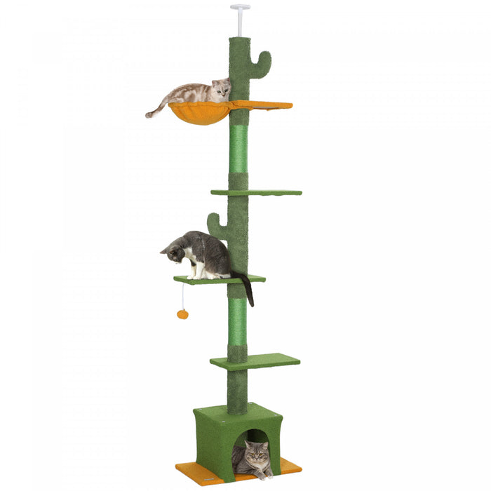 Pawhut Arbre A Chat Du Sol Au Plafond, Tour Pour Chat Avec Hauteur Reglable De 90,5\" A 108\", Centre D'activite A 5 Niveaux Avec Griffoirs, Balle Jouet Pour Chats D'interieur, Vert