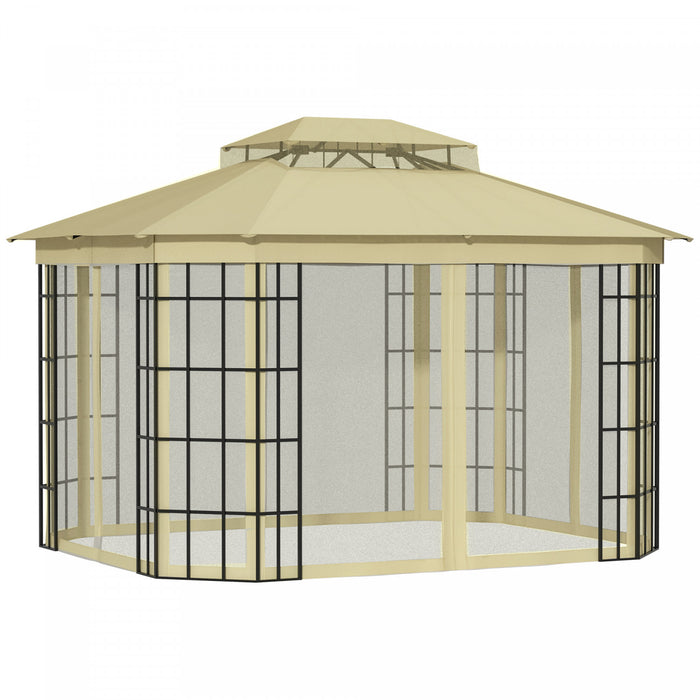 Outsunny 12' X 10' Tonnelle Pavillon Jardin Patio Terrasse Gazebo Auvent Abri D'exterieur Avec Double Toit Ventile, Moustiquaire Cadre En Metal Beige
