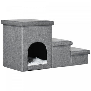 Pawhut Escalier Multifonctionnel Pour Chien Avec Boites De Rangement Et Condo, Escalier En 3 Etapes Pour Lit Haut Et Canape Avec Coussin En Peluche Lavable, Gris Clair