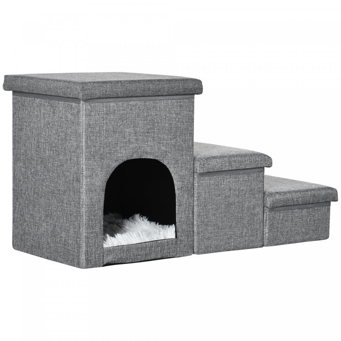 Pawhut Escalier Multifonctionnel Pour Chien Avec Boites De Rangement Et Condo, Escalier En 3 Etapes Pour Lit Haut Et Canape Avec Coussin En Peluche Lavable, Gris Clair