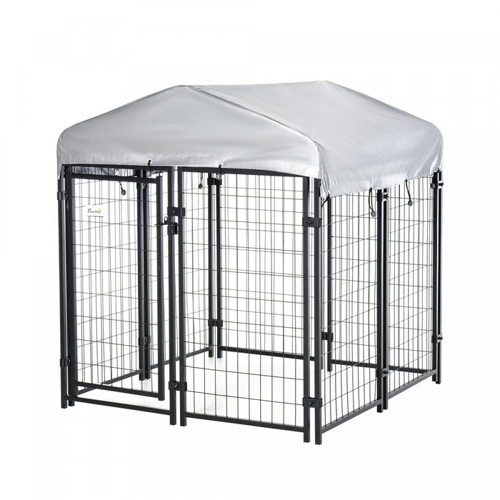 Pawhut 4' X 4' X 4.5' Grand Chenil Exterieur En Acier Avec Toit En Toile Oxford Resistant Aux Uv Et Serrure Securisee