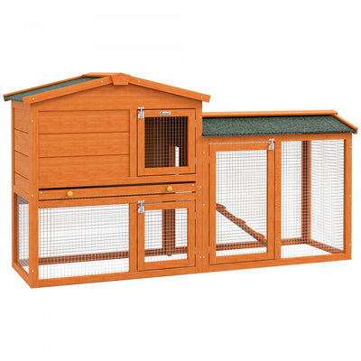 PawHut Two-Level Rabbit Hutch Small Animal House Pet Bunny Cage Home w/ Outdoor Run Water & UV Resistant Roof Access Ramp Natural Finish Guinea Pig Bunny Hamster Habitat, Orange
