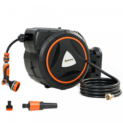 Outsunny Retractable Garden Hose Reel, 1/2" x 92ft Wall Mounted Hose Reel with 12-Pattern Nozzles, Auto Retraction, Self-Locking, Slow Return System, 180° Swivel Bracket