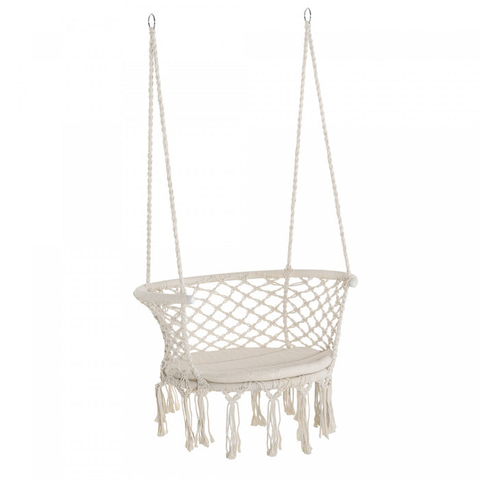 Outsunny Chaise Hamac Suspendue En Corde De Coton Avec Cadre En Metal Et Coussin, Grand Siege En Macrame Pour Terrasse, Jardin, Chambre, Salon, Blanc Creme