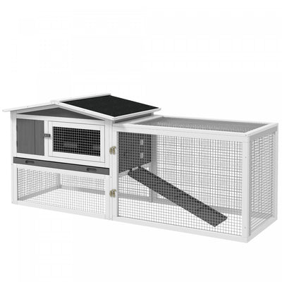 Pawhut 61'' L 2-story Rabbit Hutch Bunny Cage Small Animal House With Pull Out Tray, Detachable Run,|Pawhut Clapier D'exterieur A 2 Niveaux, Grande Cage A Lapins En Bois De 62 Po Avec Toit Resistant Au