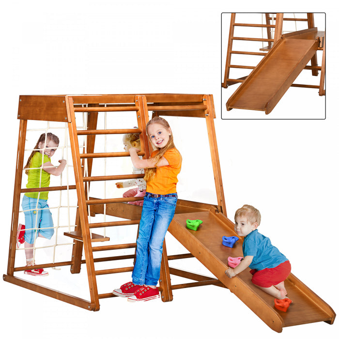Qaba Aire De Jeux Interieure 6 En 1 Pour Enfants Jungle Gym Avec Toboggan, Mur D'escalade, Grimpeur De Corde, Barres De Singe, Balancoire, Jouets D'escalade Pour Tout-petits De 3 A 10 Ans