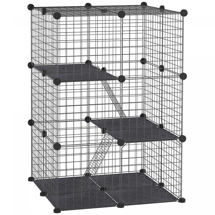 Pawhut Parc Pour Animaux Domestiques Enclos Modulaire 3 Niveaux Pour Lapins Chinchillas Avec Connexion Tapis Antiderapant 2 Rampes 39 Panneaux Metalliques Noir