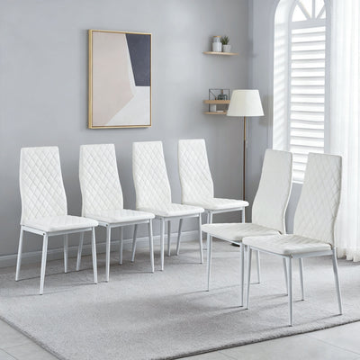 Ava Modern Diamond Grid Pattern Dining Chair Set (6-Pack) with Fireproof Leather and Metal Frame,White  | Ensemble de chaises de salle a manger modernes Ava avec motif de grille en diamant (lot de 6), cuir ignifuge et cadre en metal, blanc
