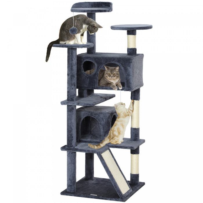 Pawhut Arbre A Chat De 54\" Tour A Chat Pour Chats D'interieur Avec Griffoirs, Condos Pour Chats, Lit, Plates-formes, Rampe, Balle Jouet, Centre D'activites Pour Chat, Gris Fonce