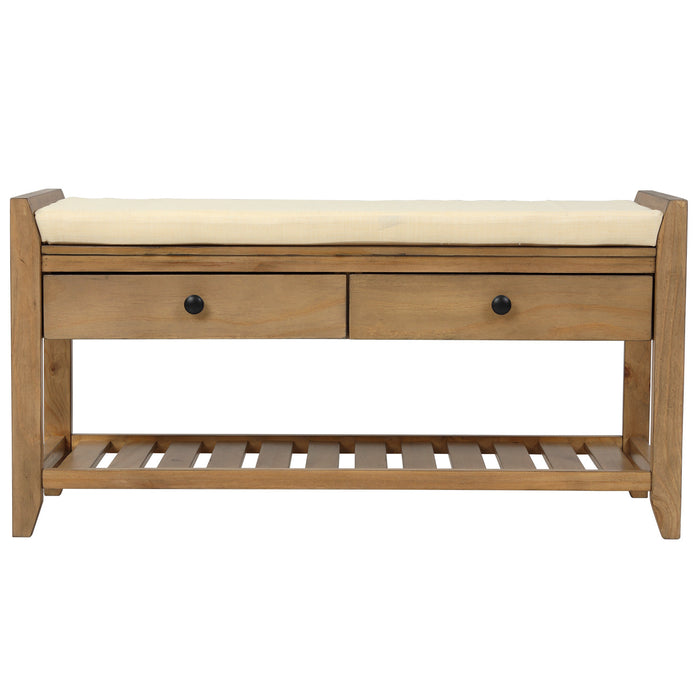 Banc A Chaussures Stephanie En Pin Avec Siege Rembourre Et Tiroirs De Rangement, Pin Ancien