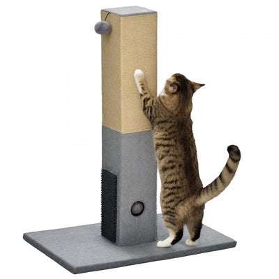 Pawhut Cat Scratching Post, 31" Tall Cat Scratcher For Indoor Cats, Natural Sisal Cat Scratch Post With Hanging Balls, Grooming Brushes, Stable Base, Grey