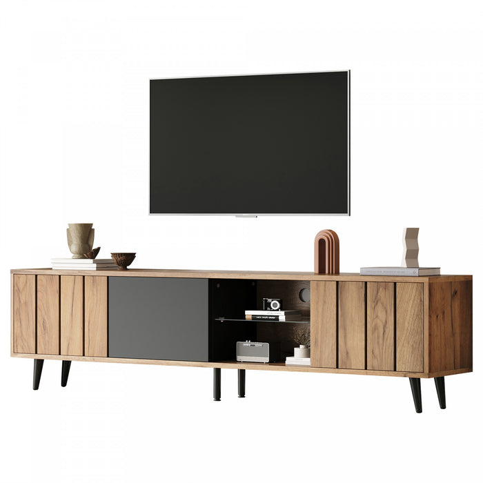 Nathan meuble TV – meuble multimedia avec 3 portes et etageres ouvertes, finition naturelle