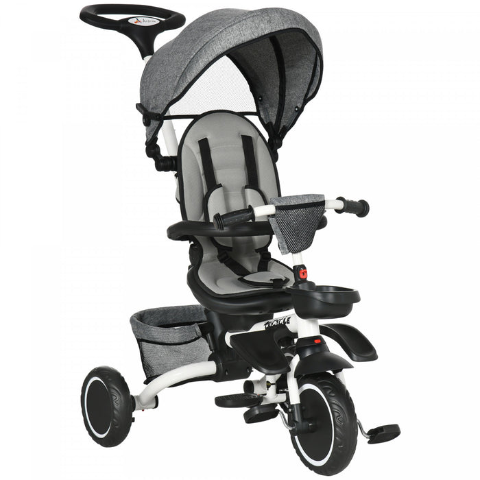 Aosom Tricycle Pour Enfant 7-en-1, Avec Siege Rotatif, Poignee De Poussee Reglable, Harnais De Securite, Auvent Detachable, Repose-pieds Semi-inclinable, Barre De Securite Pour 12-50 Mois, Gris