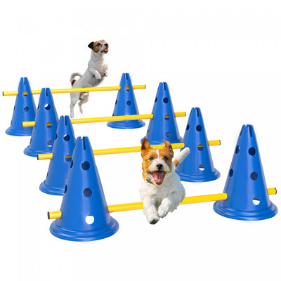 PawHut Dog Agility Hurdle Cone Set, Adjustable Obstacle Course Equipment with 8 Cones & 8 Poles, Portable Canine Agility Training Set with Carry Bag, Blue