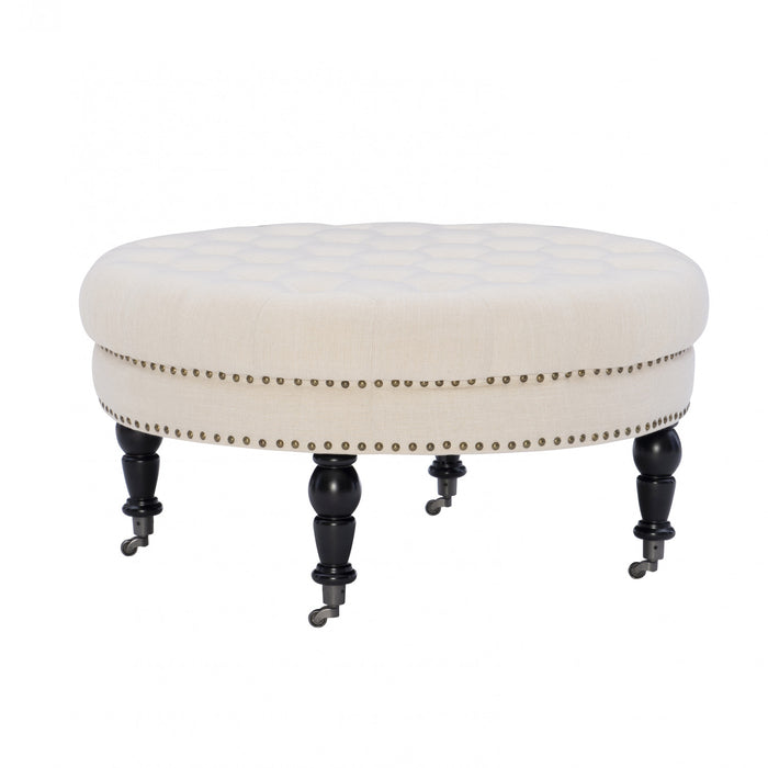 Pouf rond Isabelle capitonné en tissu - naturel