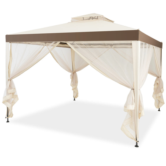 Tonnelle Pavillon De Jardin En Fer Et Polyester, Tente De Reception Avec Moustiquaire Et Toiles Laterales Amovibles Et Impermeables, Tente De Jardin A 4 Cotes 300 X 300 X 200/265 Cm, Beige&brun