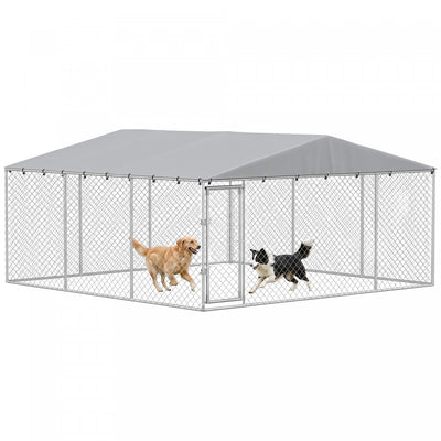 PawHut Outdoor Dog Kennel Dog Run with Waterproof, UV Resistant Cover, Double Secure Locks for Small and Medium Sized Dogs, 13.1' x 13.1' x 6.6', Silver
