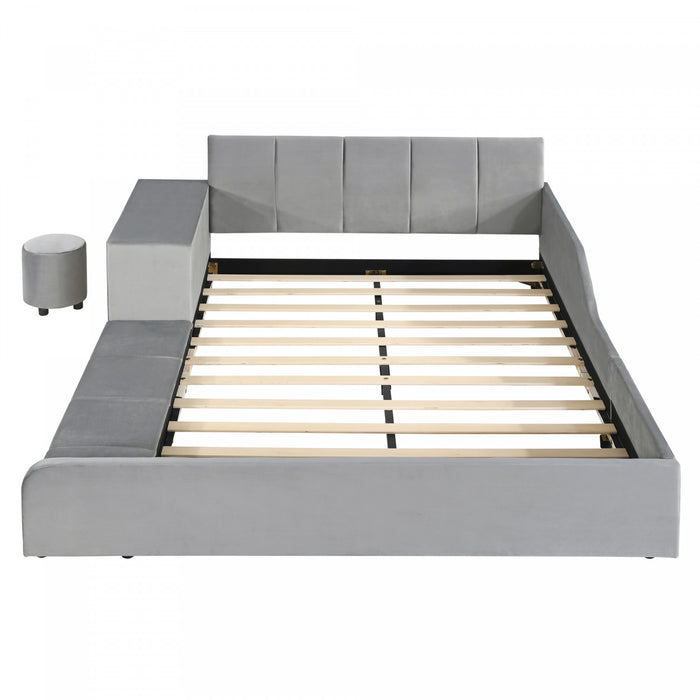 Lit Lily en velours rembourre avec bureau et tabouret, taille Full, gris