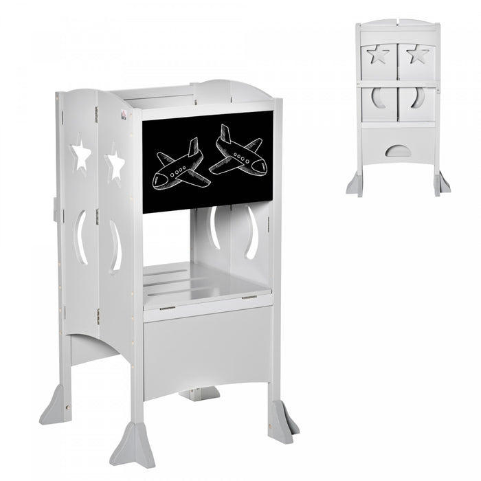 Qaba Tour D'apprentissage Tour D'observation Pour Enfants De 3 A 6 Ans Avec Tableau Noir Style Moderne Et Elegant Materiau En Mdf Solide Pour Cuisine Toilettes Salle A Manger Gris