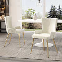  Chaises de salle a manger Luna en velours avec revetement capitonne et pieds metalliques dores, lot de 2, beige