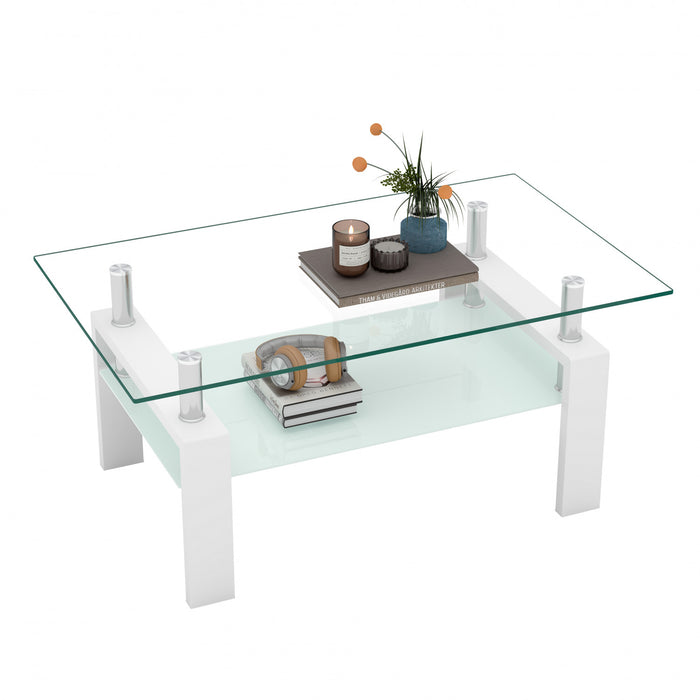 Table basse moderne rectangulaire en verre trempe transparent Liam, avec pieds blancs