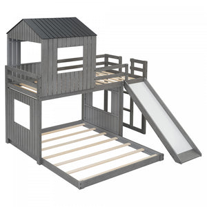 Lit Superpose Marico En Bois Massif, Taille Simple En Haut Et Double En Bas, Avec Toboggan, Design Maison De Jeu, Gris Antique