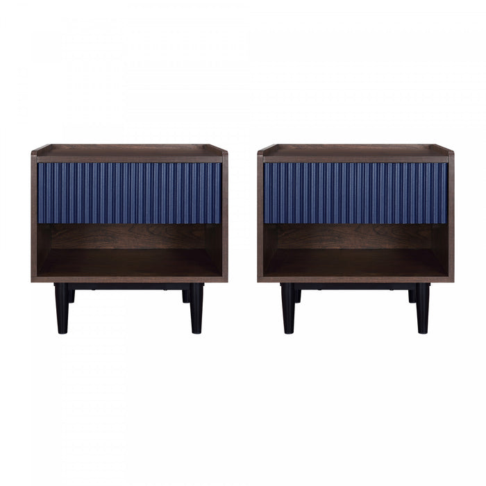 Table de nuit Duane style milieu du siecle 20\" a cannelures en bleu marine (1 tiroir) - Lot de 2