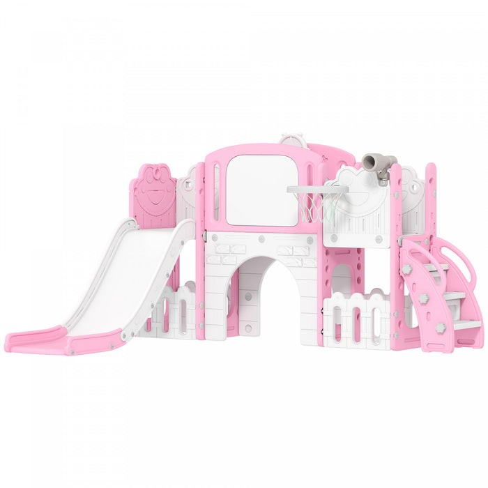 Toboggan pour tout-petits Qaba, ensemble 7-en-1 avec grimpeur, panier de basket, rose
